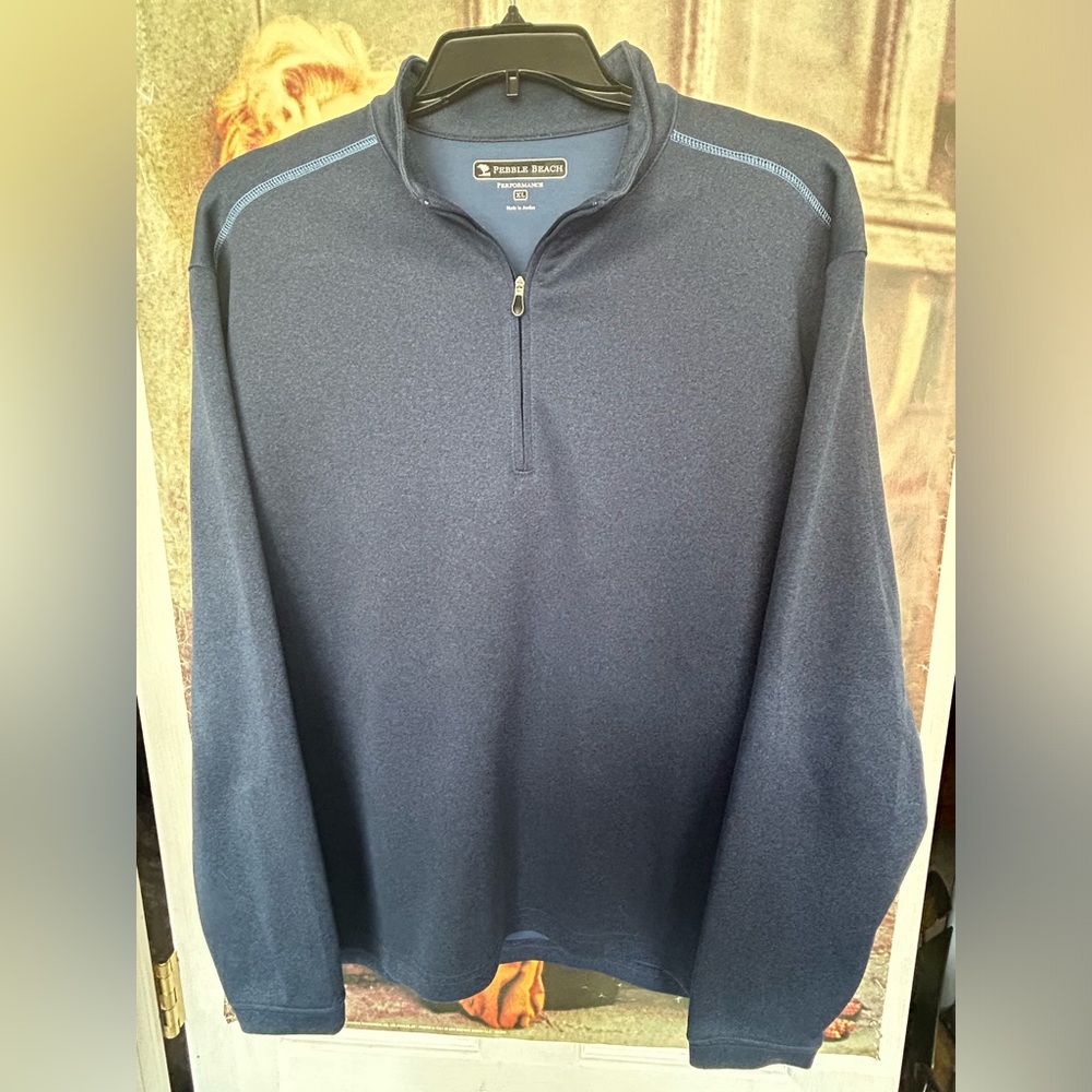 Men’s blue Pebble Beach Performance 1/4 zip long sleeve golf shirt. Size XL